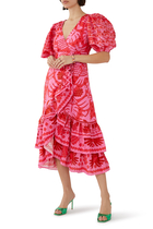 فستان متوسط الطول بوشاح ملفوف وطبعة إستوائية